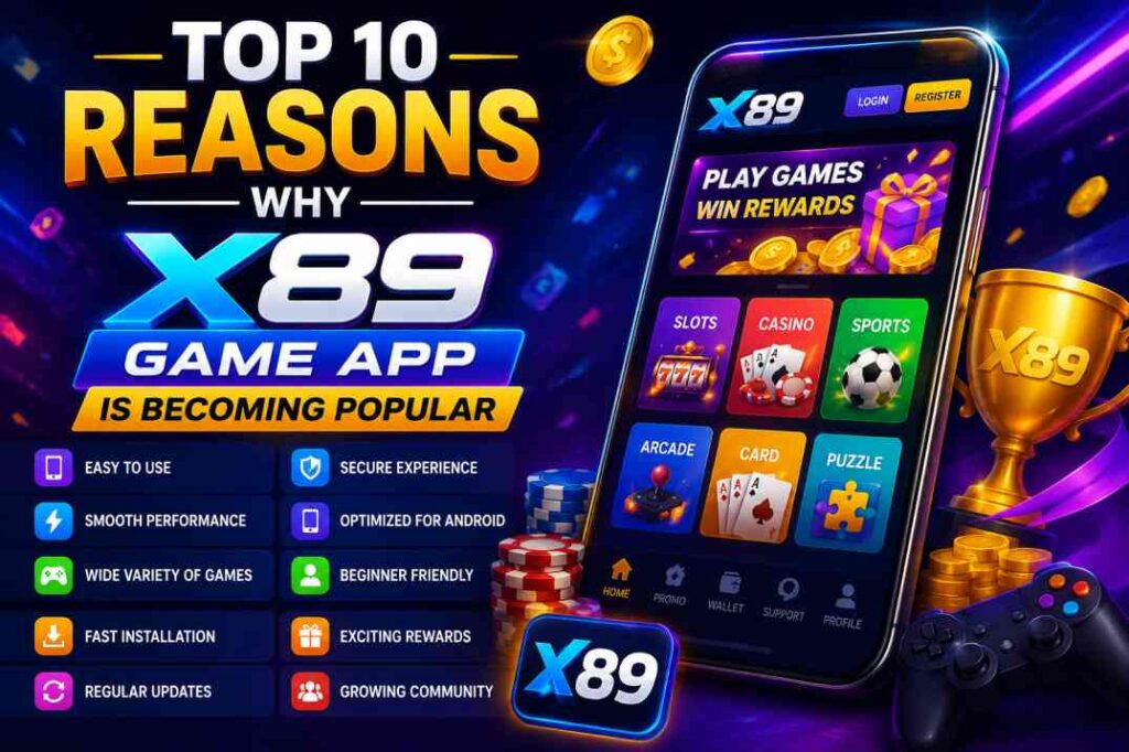 Top 10 Reasons Why X89 Game App Is Becoming Popular featuring a smartphone interface, gaming icons, rewards, trophy, coins, and colorful neon graphics.
