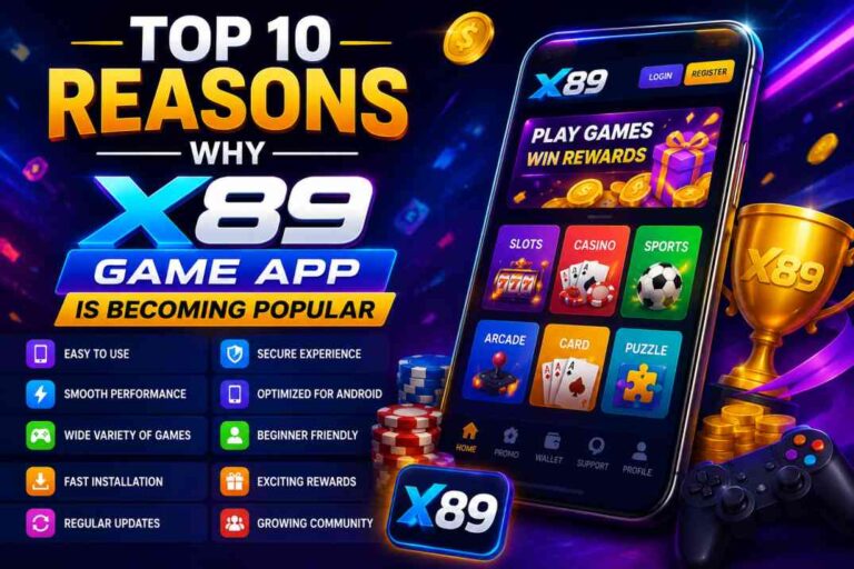 Top 10 Reasons Why X89 Game App Is Becoming Popular featuring a smartphone interface, gaming icons, rewards, trophy, coins, and colorful neon graphics.